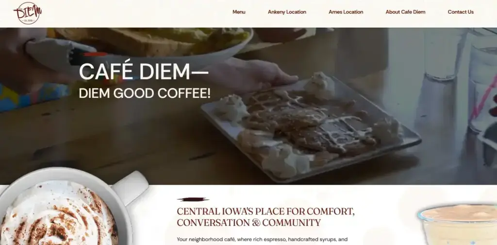 The homepage for the Cafe Diem website